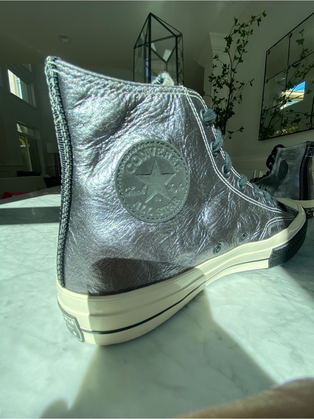 Converse Men’s Leather Silver Metallic High Top Sneakers with Black Accents - Picture 5 of 10